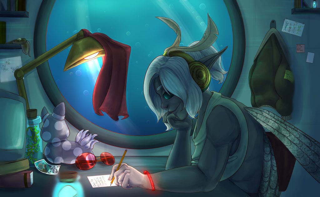 Damian writing a letter to his father, washed in the light from the submarine window. Drawn in the pose of the Lo-Fi girl