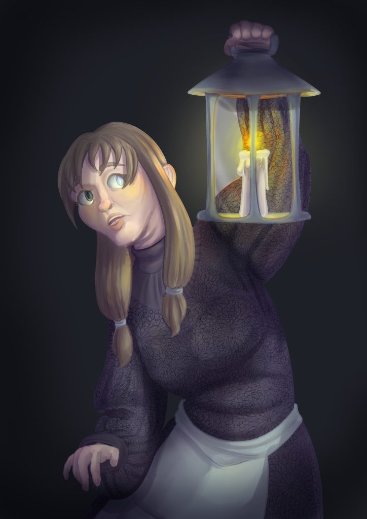 A blonde haired woman named Maude Grimmauld, holding up a candle lit lantern to see into the darkness. She is wearing a long sleeved, patterned purple dress, with a white apron.