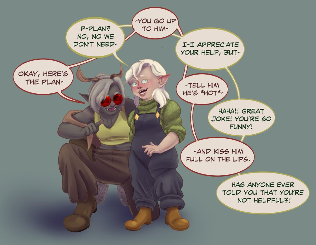 Damian, a D and D character looking similar to Moth man, is encouraging a young gnome girl wearing overalls to go talk to her crush. She is flustered by this.